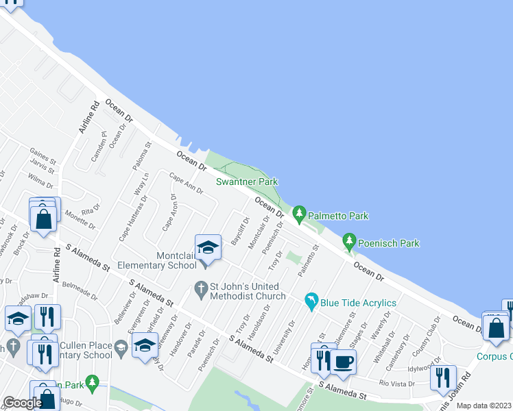 map of restaurants, bars, coffee shops, grocery stores, and more near 5211 Ocean Drive in Corpus Christi