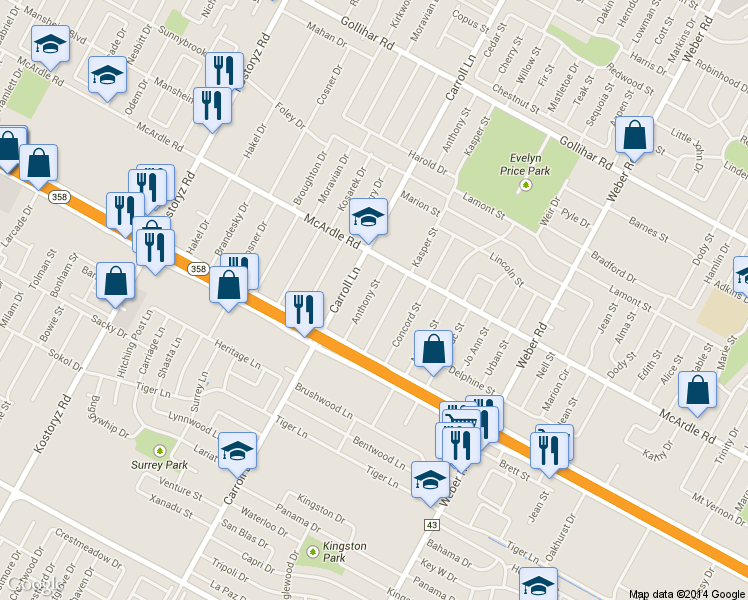map of restaurants, bars, coffee shops, grocery stores, and more near 5014 Anthony Street in Corpus Christi