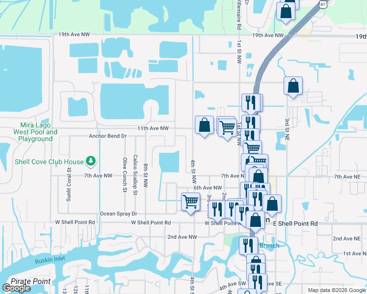 map of restaurants, bars, coffee shops, grocery stores, and more near 814 Fern Leaf Drive in Ruskin