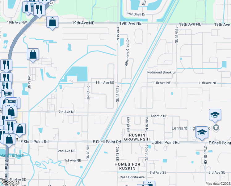map of restaurants, bars, coffee shops, grocery stores, and more near 1037 Brenton Leaf Drive in Ruskin
