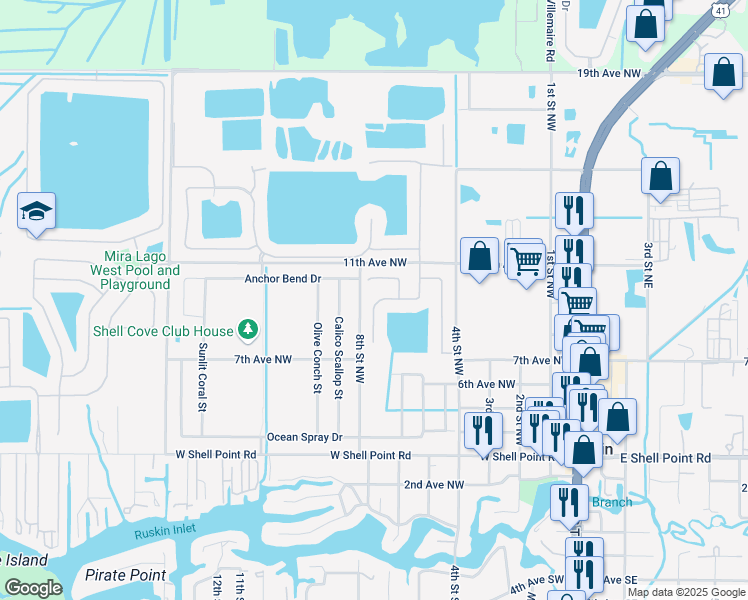 map of restaurants, bars, coffee shops, grocery stores, and more near 808 Parker Den Drive in Ruskin