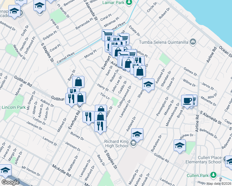 map of restaurants, bars, coffee shops, grocery stores, and more near 702 Collingswood Drive in Corpus Christi