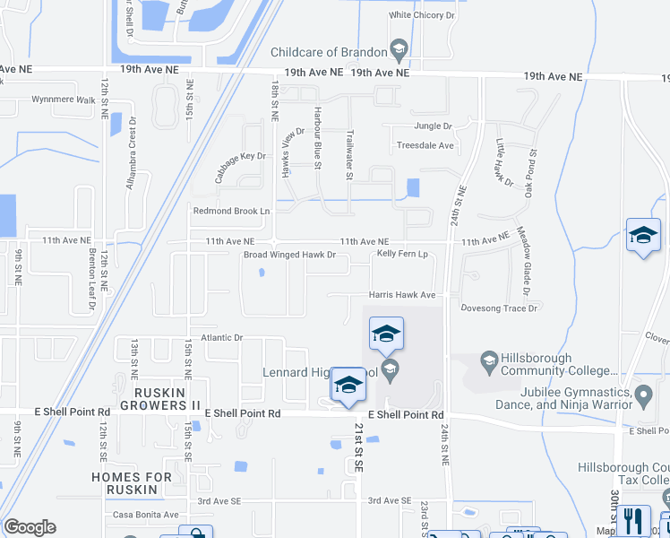 map of restaurants, bars, coffee shops, grocery stores, and more near 2023 Broad Winged Hawk Drive in Ruskin