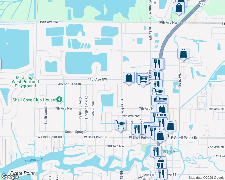 map of restaurants, bars, coffee shops, grocery stores, and more near 915 Parker Den Drive in Ruskin