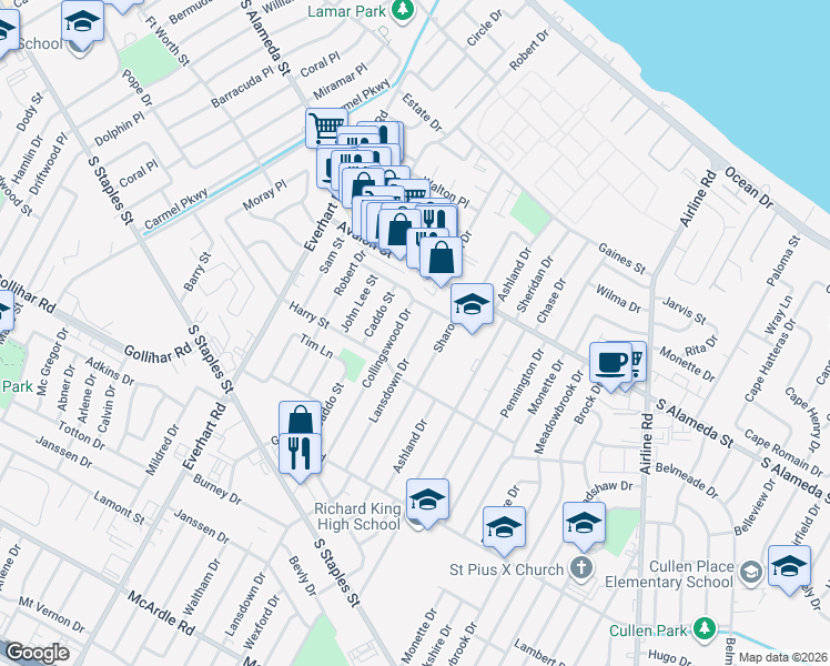 map of restaurants, bars, coffee shops, grocery stores, and more near 637 Lansdown Drive in Corpus Christi
