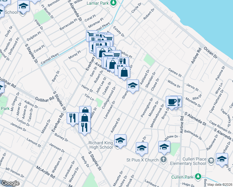 map of restaurants, bars, coffee shops, grocery stores, and more near 637 Lansdown Drive in Corpus Christi