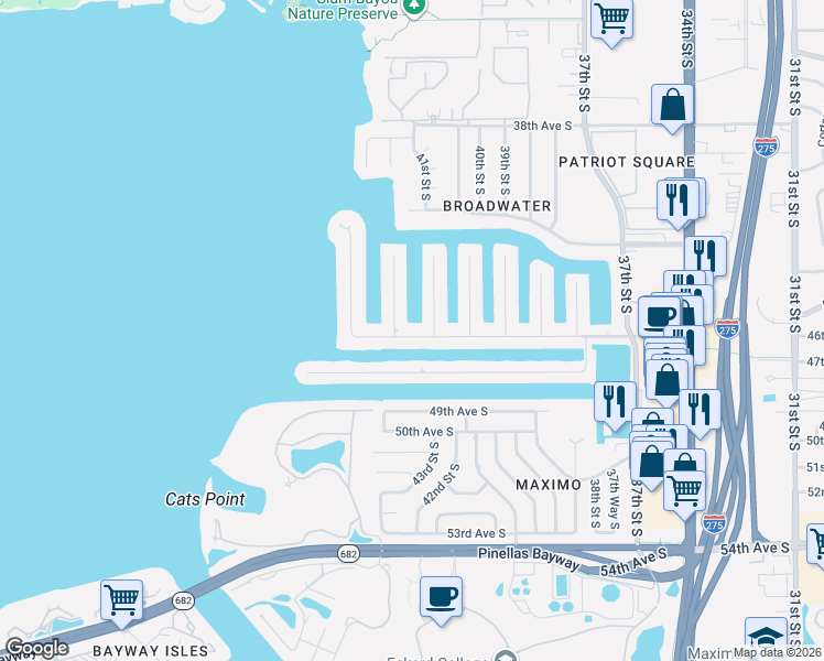 map of restaurants, bars, coffee shops, grocery stores, and more near 4327 46th Avenue South in St. Petersburg