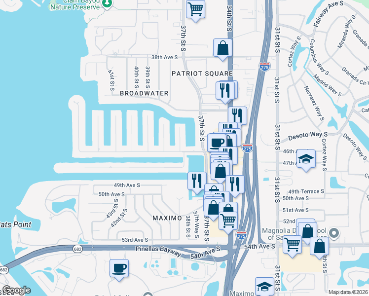 map of restaurants, bars, coffee shops, grocery stores, and more near 4500 38th Street South in St. Petersburg