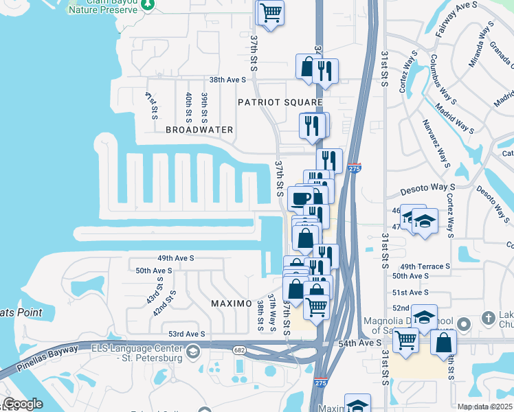 map of restaurants, bars, coffee shops, grocery stores, and more near 4500 38th Street South in St. Petersburg