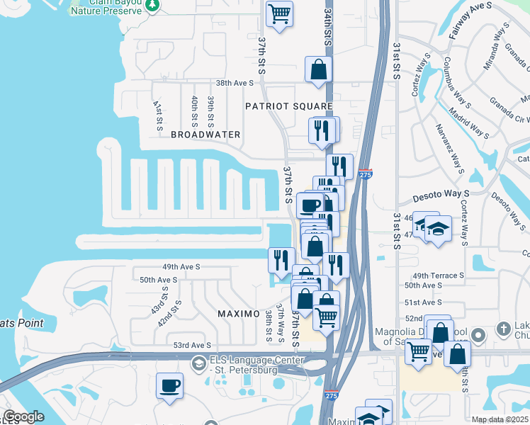 map of restaurants, bars, coffee shops, grocery stores, and more near 3753 46th Avenue South in St. Petersburg