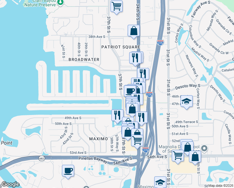 map of restaurants, bars, coffee shops, grocery stores, and more near 3717 46th Avenue South in St. Petersburg