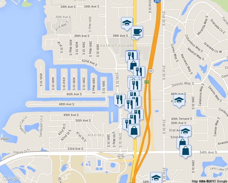 map of restaurants, bars, coffee shops, grocery stores, and more near 4500 37th Street South in St. Petersburg