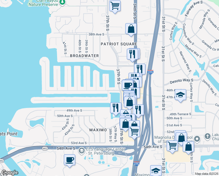 map of restaurants, bars, coffee shops, grocery stores, and more near 4500 38th Street South in St. Petersburg
