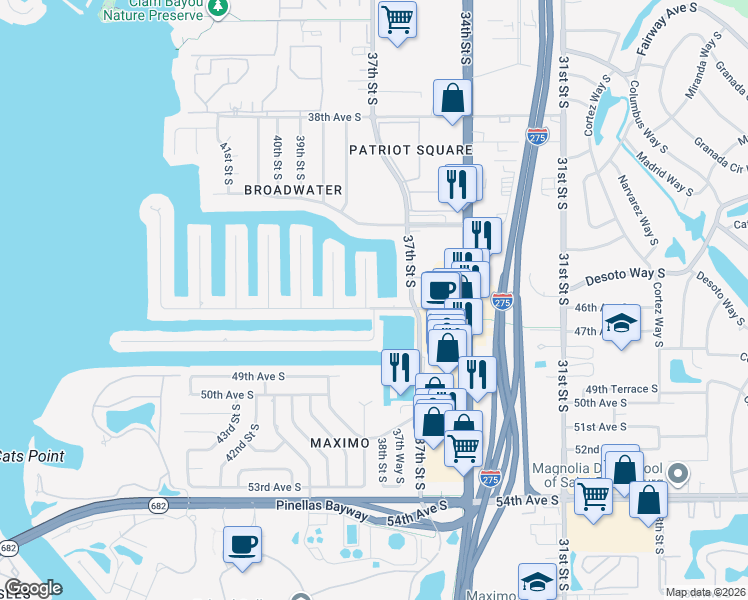 map of restaurants, bars, coffee shops, grocery stores, and more near 4500 38th Street South in St. Petersburg