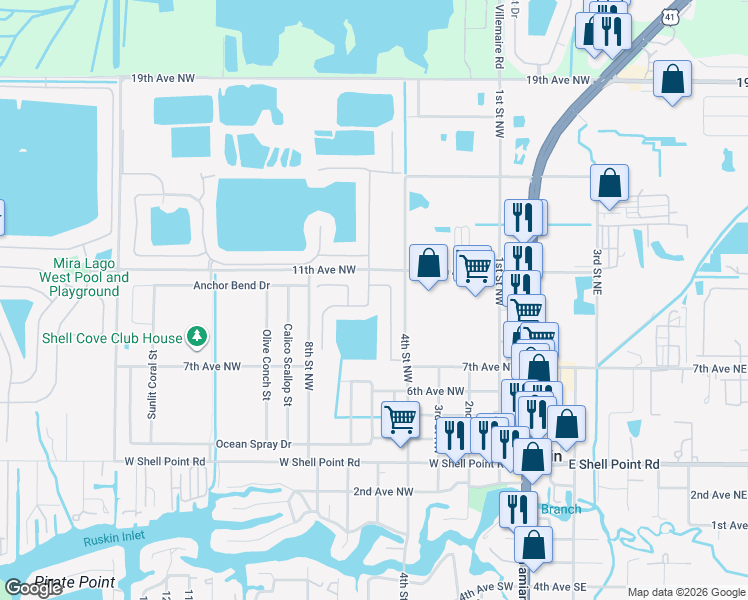 map of restaurants, bars, coffee shops, grocery stores, and more near 917 Parker Den Drive in Ruskin