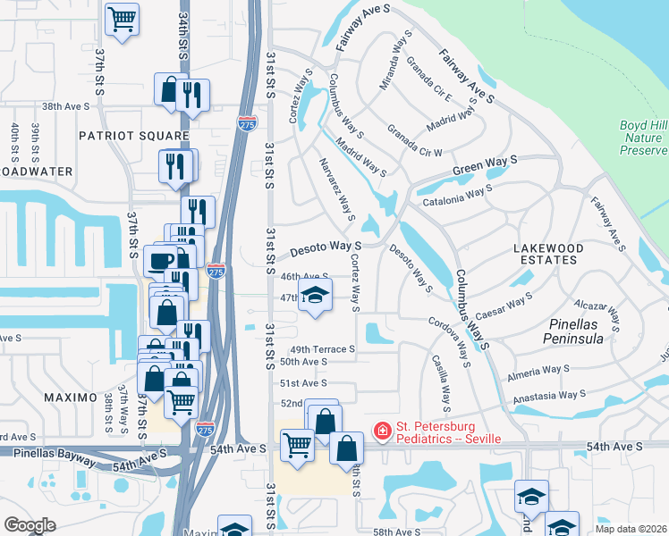 map of restaurants, bars, coffee shops, grocery stores, and more near 2830 Desoto Way South in St. Petersburg