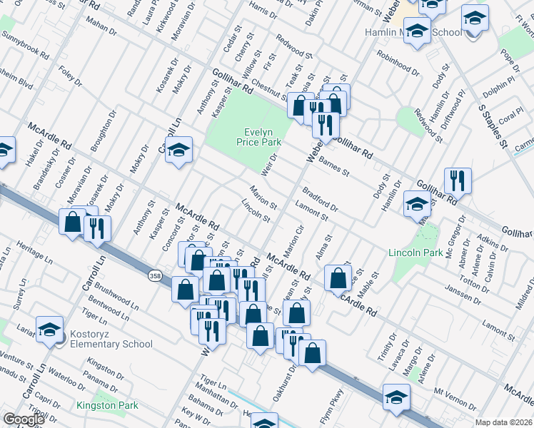 map of restaurants, bars, coffee shops, grocery stores, and more near 3901 Marion Street in Corpus Christi