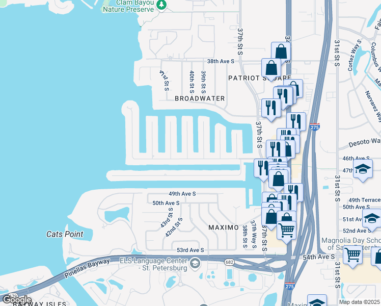 map of restaurants, bars, coffee shops, grocery stores, and more near 4490 40th Street South in St. Petersburg