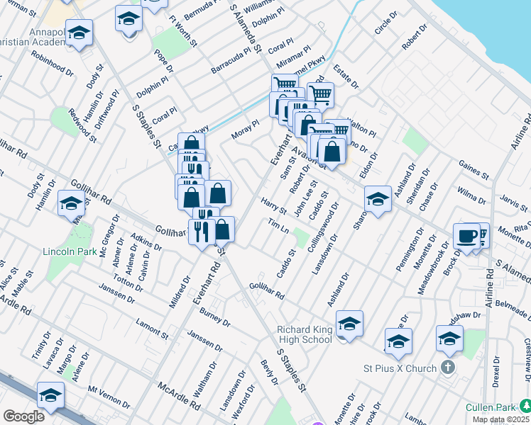map of restaurants, bars, coffee shops, grocery stores, and more near 4209 Harry Street in Corpus Christi