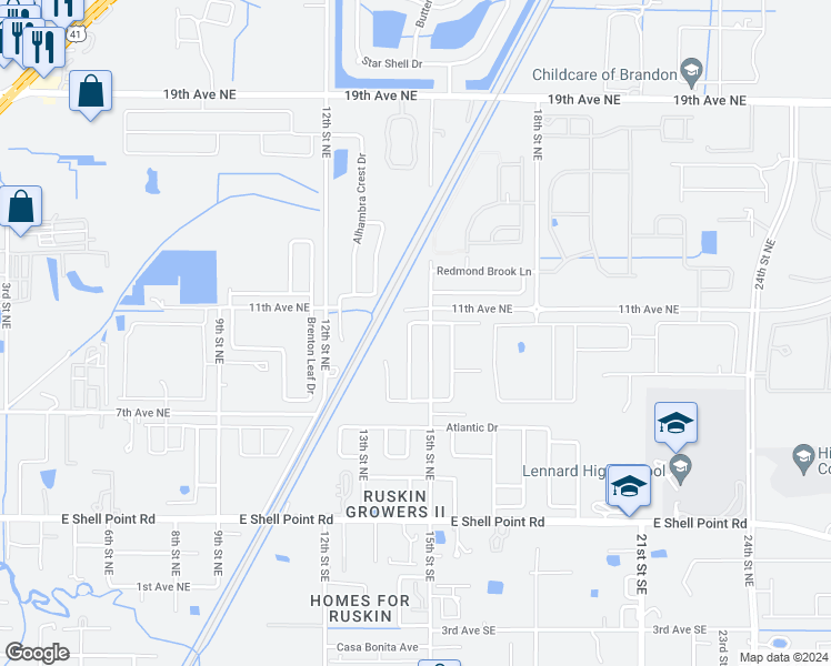 map of restaurants, bars, coffee shops, grocery stores, and more near 1439 Delano Trent Street in Ruskin
