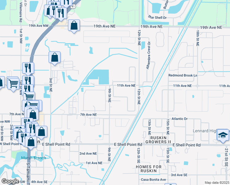 map of restaurants, bars, coffee shops, grocery stores, and more near 706 Brenton Leaf Drive in Ruskin