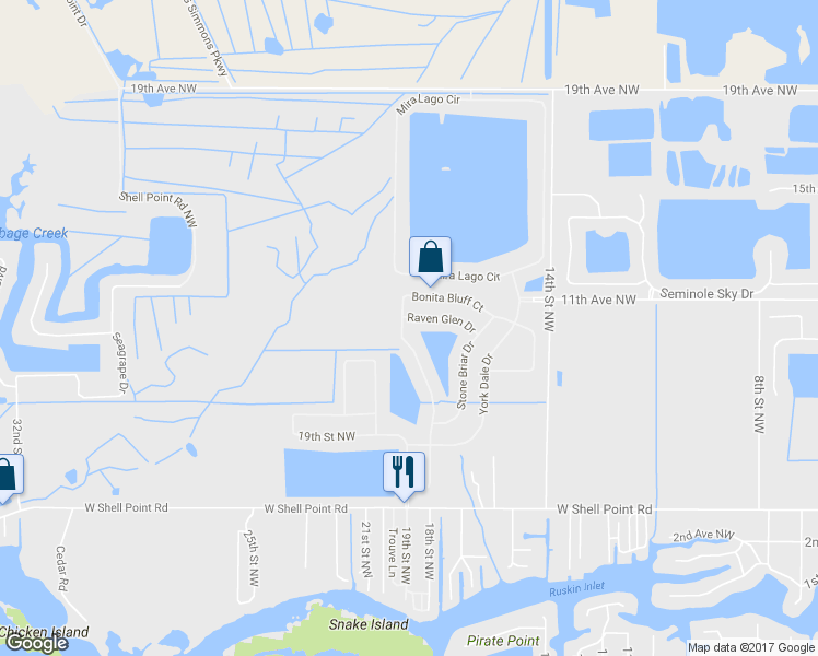 map of restaurants, bars, coffee shops, grocery stores, and more near 1706 Bonita Bluff Ct in Ruskin