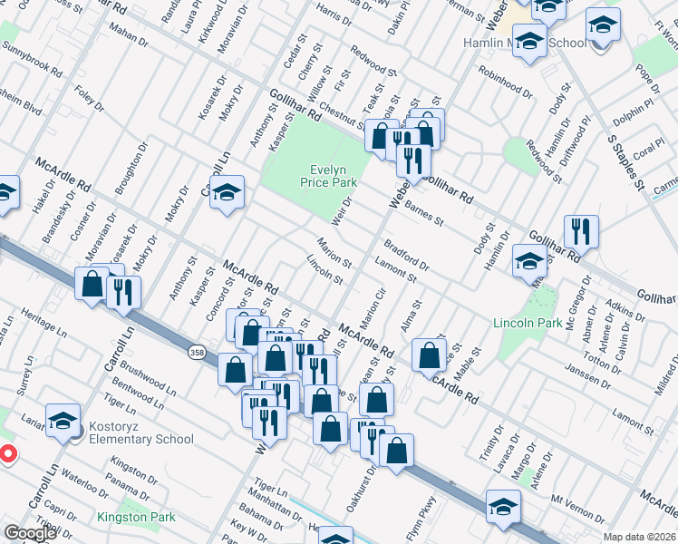 map of restaurants, bars, coffee shops, grocery stores, and more near 3901 Marion Street in Corpus Christi