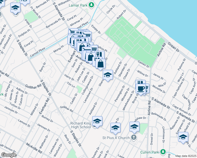 map of restaurants, bars, coffee shops, grocery stores, and more near 4438 Wesley Drive in Corpus Christi