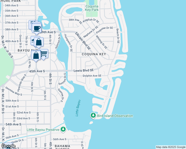 map of restaurants, bars, coffee shops, grocery stores, and more near 361 Dolphin Avenue Southeast in St. Petersburg
