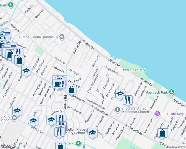 map of restaurants, bars, coffee shops, grocery stores, and more near 321 Paloma Street in Corpus Christi