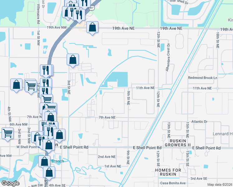 map of restaurants, bars, coffee shops, grocery stores, and more near 416 Royal Empress Drive in Ruskin