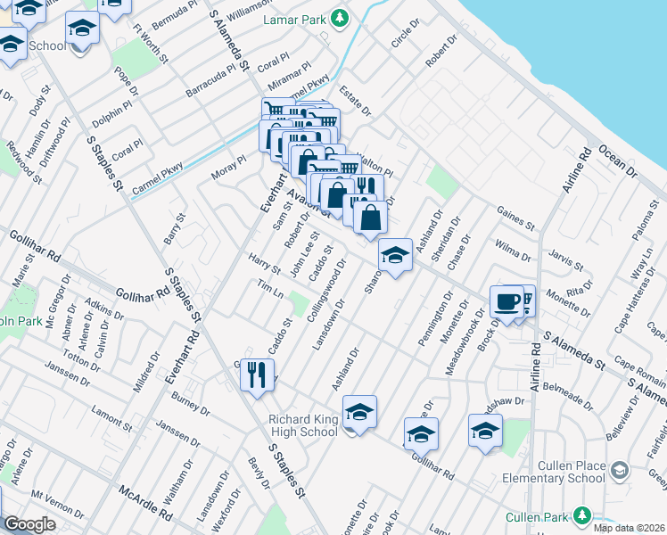map of restaurants, bars, coffee shops, grocery stores, and more near 605 Collingswood Drive in Corpus Christi