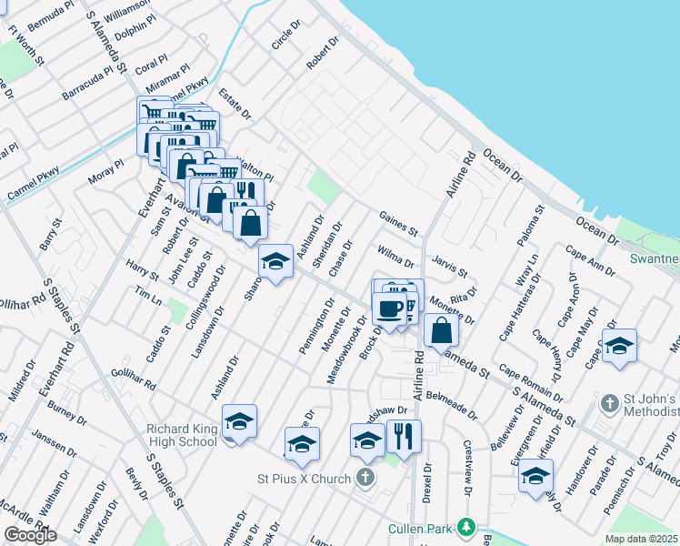 map of restaurants, bars, coffee shops, grocery stores, and more near 442 Pennington Drive in Corpus Christi