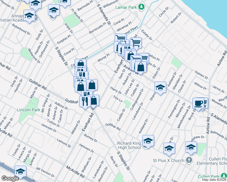 map of restaurants, bars, coffee shops, grocery stores, and more near 4209 Harry Street in Corpus Christi