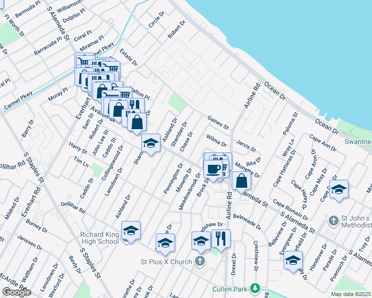 map of restaurants, bars, coffee shops, grocery stores, and more near 442 Pennington Drive in Corpus Christi