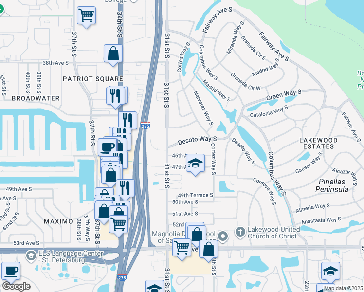 map of restaurants, bars, coffee shops, grocery stores, and more near 3000 Desoto Way South in Saint Petersburg