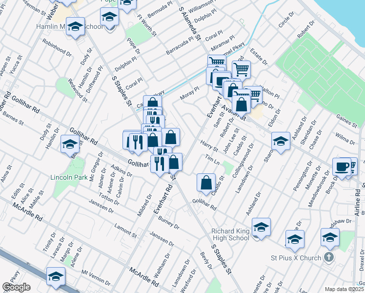 map of restaurants, bars, coffee shops, grocery stores, and more near 802 Barry Street in Corpus Christi