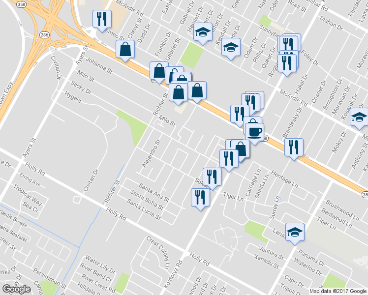 map of restaurants, bars, coffee shops, grocery stores, and more near 2917 Bexar Drive in Corpus Christi