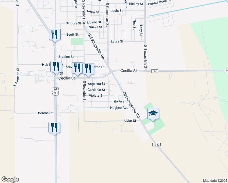 map of restaurants, bars, coffee shops, grocery stores, and more near 2555 South Cameron Street in Alice