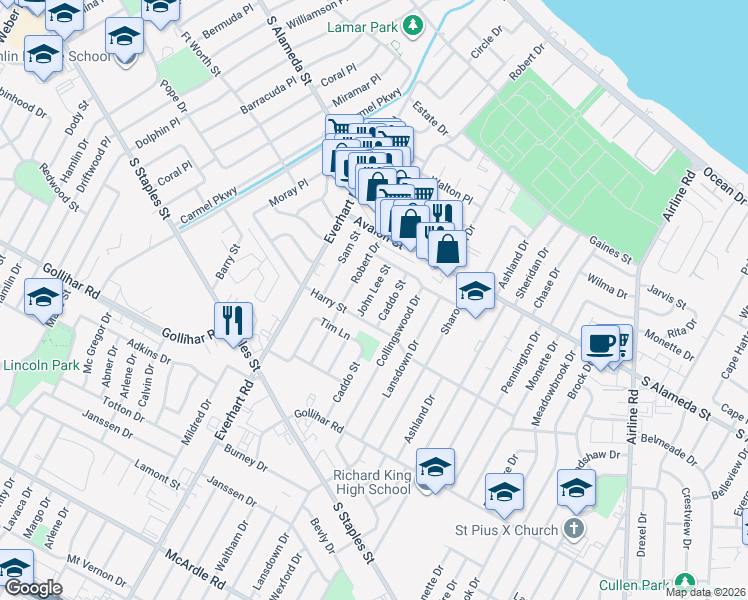 map of restaurants, bars, coffee shops, grocery stores, and more near 633 John Lee Street in Corpus Christi