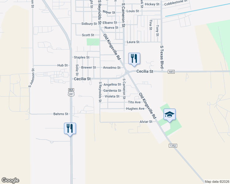 map of restaurants, bars, coffee shops, grocery stores, and more near 507 Gardenia Street in Alice