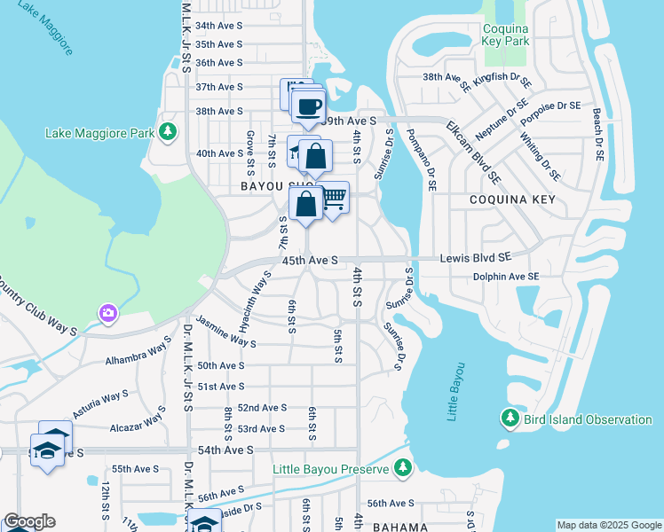 map of restaurants, bars, coffee shops, grocery stores, and more near 512 45th Avenue South in St. Petersburg