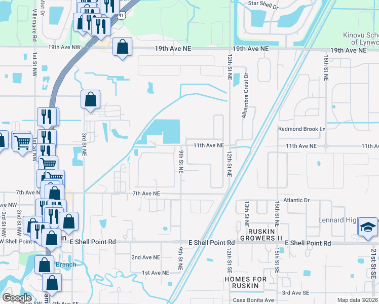 map of restaurants, bars, coffee shops, grocery stores, and more near 706 Brenton Leaf Drive in Ruskin