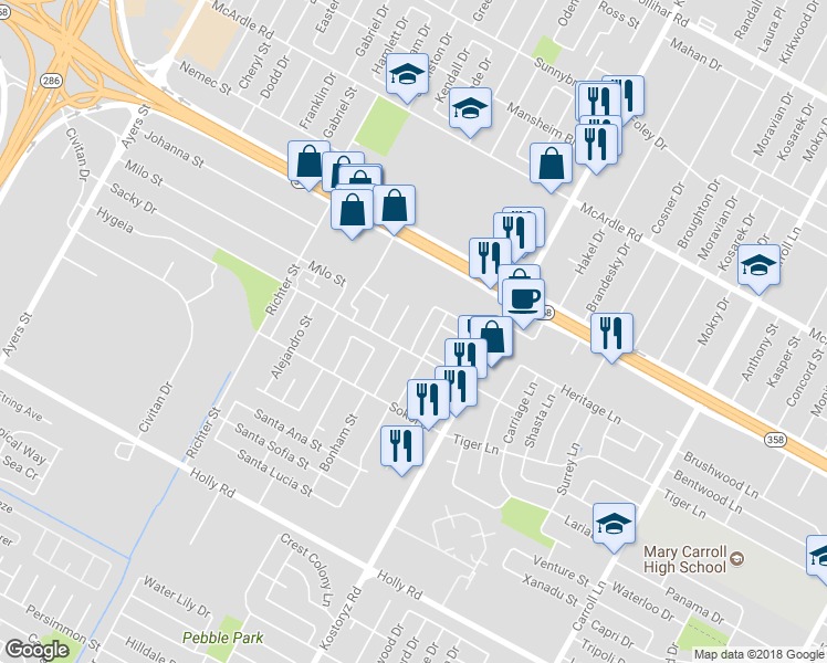 map of restaurants, bars, coffee shops, grocery stores, and more near 5225 Bonham Street in Corpus Christi