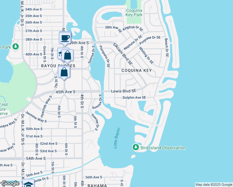 map of restaurants, bars, coffee shops, grocery stores, and more near 200 Lewis Boulevard Southeast in St. Petersburg