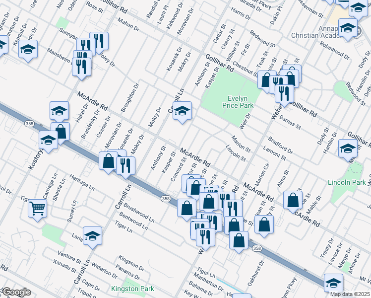 map of restaurants, bars, coffee shops, grocery stores, and more near 4841 Concord Street in Corpus Christi