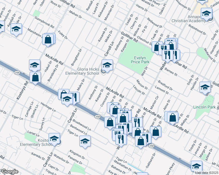 map of restaurants, bars, coffee shops, grocery stores, and more near 4841 Concord Street in Corpus Christi