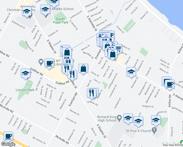 map of restaurants, bars, coffee shops, grocery stores, and more near 4209 Harry Street in Corpus Christi