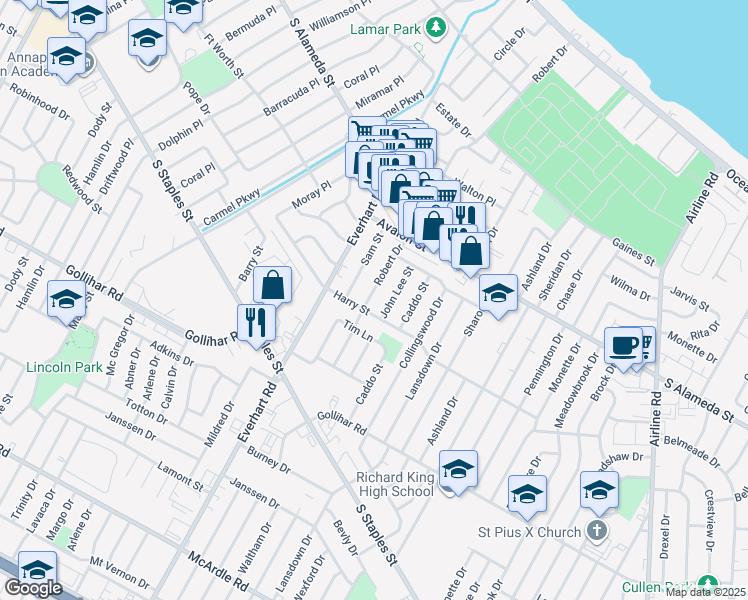map of restaurants, bars, coffee shops, grocery stores, and more near 661 Robert Drive in Corpus Christi