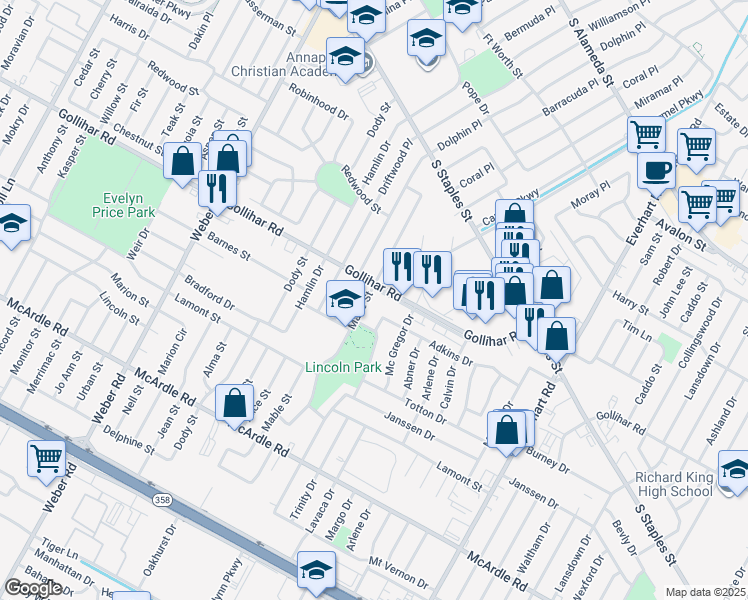 map of restaurants, bars, coffee shops, grocery stores, and more near 4506 Marie Street in Corpus Christi